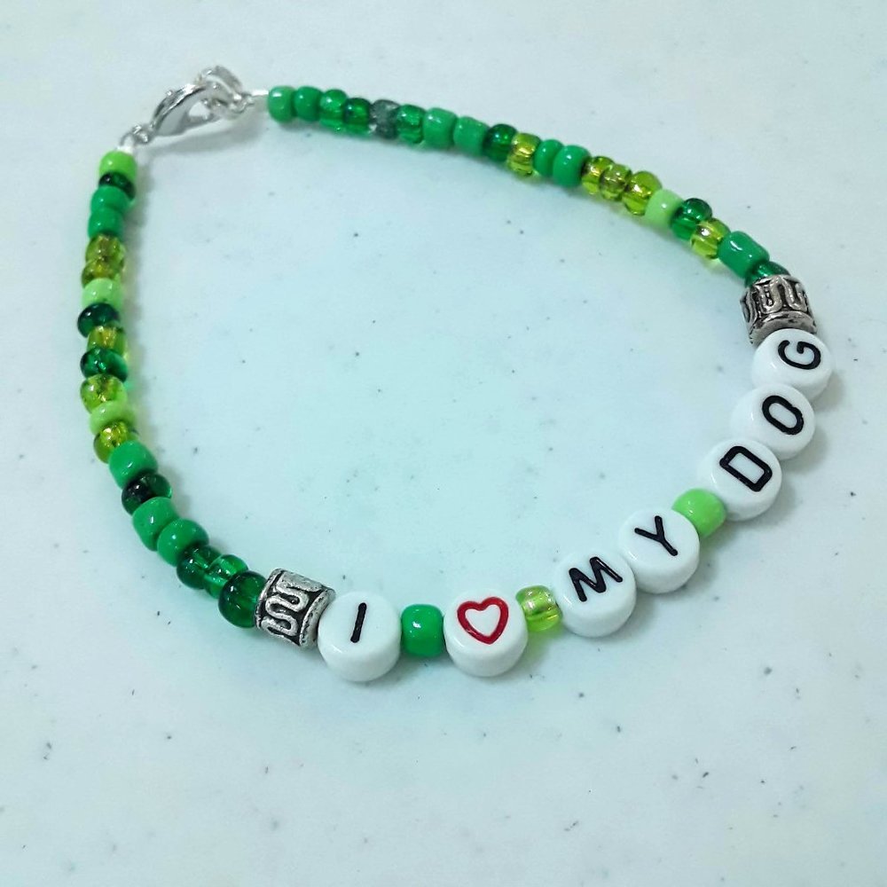 I Love My Dog Handmade Bracelet in Green Beads